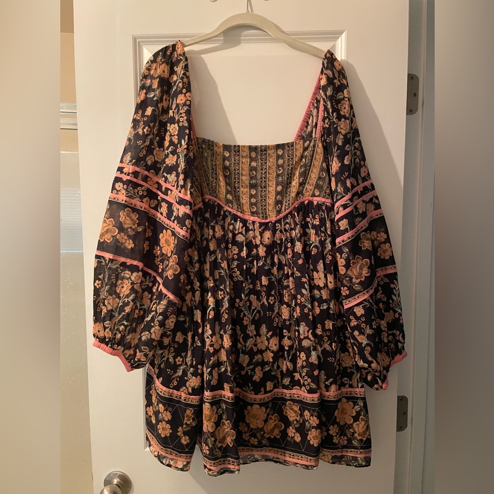 Free people peasant style floral long sleeve mini dress with smocked backing